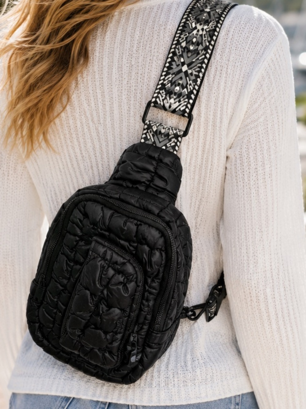 Black Quilted Puffer Sling Bag Crossbody NWT